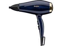 Charger l&#39;image dans la galerie, Sèche-cheveux bleu avec buse noire et grille dorée sur fond noir.
