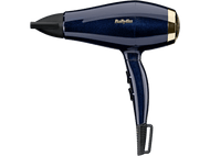 Sèche-cheveux bleu avec buse noire et grille dorée sur fond noir.