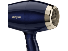 Charger l&#39;image dans la galerie, Gros plan sur un sèche-cheveux bleu avec une buse en maille dorée.
