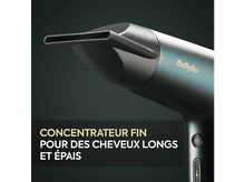 Charger l&#39;image dans la galerie, Gros plan d&#39;un sèche-cheveux vert d&#39;eau. Texte: &#39;Concentrateur pour cheveux longs et épais&#39;.
