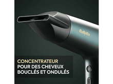 Charger l&#39;image dans la galerie, Gros plan d&#39;un sèche-cheveux bleu-vert et noir avec du texte sur les cheveux bouclés et ondulés.
