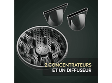 Charger l&#39;image dans la galerie, Accessoires de sèche-cheveux : un diffuseur et deux concentrateurs. Tous sont noirs, fond sombre.
