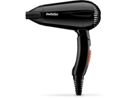 Sèche-cheveux noir avec poignée. La marque est visible.