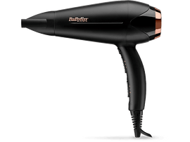 Sèche-cheveux BaByliss noir, vue de côté, avec accents cuivrés et câble.