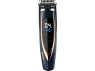 Une tondeuse à barbe BabylissMEN noire et or rose, montrant l'écran numérique et les réglages.