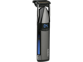 Une tondeuse à cheveux BaByliss. Elle est grise et noire avec un affichage numérique et des lumières bleues.