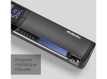 Charger l&#39;image dans la galerie, Lisseur de cheveux noir avec lumière bleue et boutons sur une surface grise.
