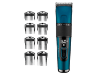 Tondeuse à cheveux bleue avec accessoires. Affichage numérique et symbole de verrouillage. Fond noir.