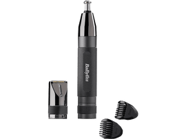 Un coupe-poils de nez Babyliss noir avec deux têtes de coupe et deux peignes.