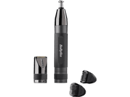 Un coupe-poils de nez Babyliss noir avec deux têtes de coupe et deux peignes.