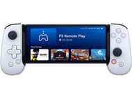 Manette de jeu blanche avec un téléphone affichant PS Remote Play.