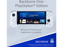 Charger l&#39;image dans la galerie, Manette Backbone One avec téléphone. Thème PlayStation, avec captures d&#39;écran de jeux. Manette blanche.
