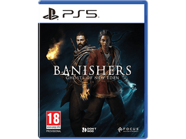 Couverture du jeu Banishers: Ghosts of New Eden. Deux figures, fond sombre.
