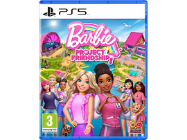 Boîte de jeu Barbie Project Friendship PS5 avec plusieurs personnages et un arc-en-ciel.