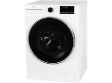 Charger l&#39;image dans la galerie, Un lave-linge Beko blanc. Il affiche un écran numérique et diverses options de lavage. La porte est noire et ronde.
