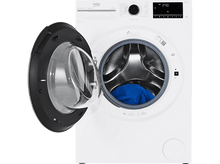 Charger l&#39;image dans la galerie, Une machine à laver Beko blanche avec la porte ouverte. À l&#39;intérieur, une serviette bleue. Le panneau affiche 2:40.

