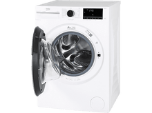 Charger l&#39;image dans la galerie, Une machine à laver Beko blanche avec la porte ouverte, révélant le tambour. Le panneau de contrôle affiche 2:40. La porte est encadrée en noir avec du verre transparent.
