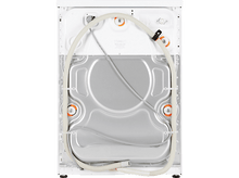 Charger l&#39;image dans la galerie, Arrière d&#39;une machine à laver blanche. Un tuyau ondulé est en boucle autour de l&#39;intérieur argenté. Des composants orange et noirs sont visibles.
