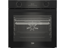 Charger l&#39;image dans la galerie, Four noir avec affichage numérique et deux boutons. Porte vitrée, grilles métalliques et un ventilateur à l&#39;intérieur.
