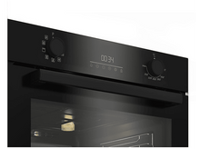 Charger l&#39;image dans la galerie, Panneau de commande du four noir. Deux boutons, un écran et une poignée. Fond blanc.
