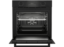 Charger l&#39;image dans la galerie, Four encastrable noir, porte ouverte, avec étagères et ventilateur. Affichage numérique allumé.
