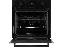 Charger l&#39;image dans la galerie, Four noir, porte ouverte, avec grille à l&#39;intérieur, affichage numérique de l&#39;horloge et commandes visibles.
