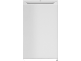 Réfrigérateur Beko blanc. Design minimaliste avec poignée en haut et fond noir.