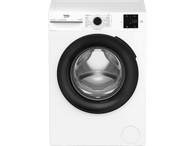 Lave-linge blanc avec porte noire et panneau de commande. Fond blanc.