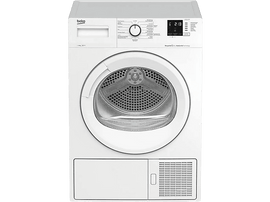 Sèche-linge Beko blanc avec porte avant et commandes sur le dessus. Affichage numérique en haut.
