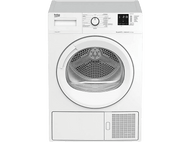 Sèche-linge Beko blanc avec porte avant et commandes sur le dessus. Affichage numérique en haut.