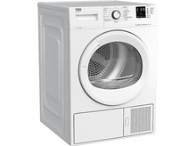 Charger l&#39;image dans la galerie, Sèche-linge blanc avec porte ronde et panneau de commande. Il a un tiroir en bas.
