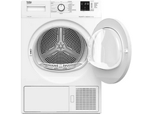 Charger l&#39;image dans la galerie, Un sèche-linge Beko blanc avec la porte ouverte. Le panneau de commande est en haut. Fond blanc.
