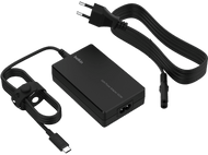 Adaptateur secteur Belkin GaN 100W noir, avec un câble USB-C, un câble d'alimentation et une attache de câble noire.