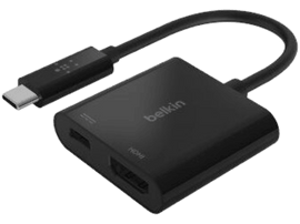 Adaptateur Belkin noir avec un connecteur USB-C et deux ports HDMI.