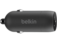 Chargeur de voiture Belkin noir, forme cylindrique, avec le logo Belkin.