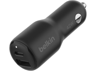 Chargeur de voiture Belkin noir avec deux ports USB. Il est écrit 'Belkin' et '42W'. Isolé sur fond noir.