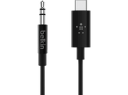 Câble audio Belkin noir avec prise jack 3,5 mm et connecteur USB-C.