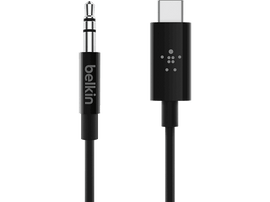 Câble audio Belkin noir avec prise jack 3,5 mm et connecteur USB-C.