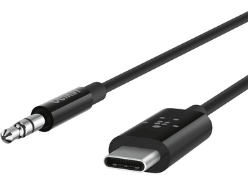 Câble audio USB-C vers 3,5 mm noir. La prise jack 3,5 mm et le connecteur USB-C sont visibles.
