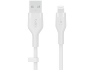 Câble Belkin USB vers Lightning blanc. Connecteur USB-A à gauche, Lightning à droite.