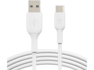Câble USB vers USB-C blanc. Les deux extrémités sont blanches, l'extrémité USB-C affiche le logo Belkin. Fond noir.