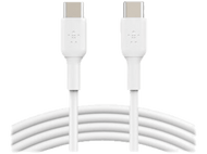 Deux câbles USB-C Belkin blancs côte à côte. Ils sont droits, parallèles et ont des connecteurs USB-C.
