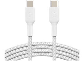 Deux câbles USB-C blancs côte à côte. Chaque câble a un connecteur blanc et un cordon tressé blanc.