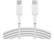 Deux câbles USB-C blancs côte à côte. Chaque câble a un connecteur blanc et un cordon tressé blanc.