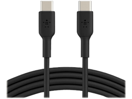 Câble USB-C noir avec deux connecteurs USB-C, câble noir et fond blanc.