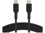 Câble USB-C noir avec deux connecteurs USB-C, câble noir et fond blanc.