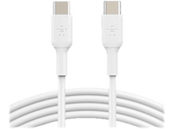Deux câbles USB-C blancs côte à côte. Les deux sont droits et ont des connecteurs blancs.