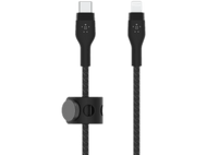 Câble Belkin USB-C vers Lightning noir. Fond noir. Support de câble attaché.