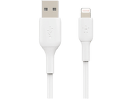 Câble USB vers Lightning blanc, avec un connecteur USB-A à une extrémité.