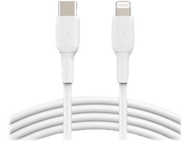 Deux câbles de chargement blancs : un avec un connecteur USB-C et l'autre avec un connecteur Lightning.